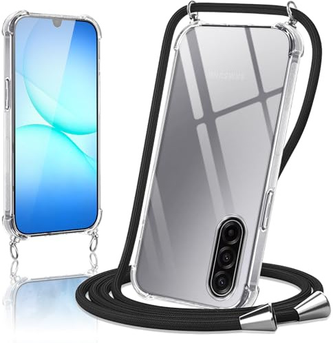 Micnkifo Handyband Hülle mit Band für Samsung Galaxy A17 4G/5G, Necklace Handyhülle mit Kordel Schutzhülle für zum Umhängen, Transparent TPU Case Stoßfest Kratzfest Silikon Cover mit Kette, Schwarz