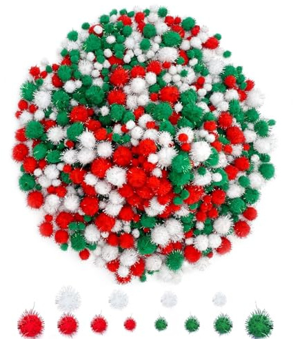 Allruyee 1200 Stück Bunt Pompons Weihnachten Pom Pom Glitter Pompons Bälle Klein Pompons zum Basteln für Weihnachten DIY und Dekorationen, 4 Größen (Rot, Weiß, Grün)