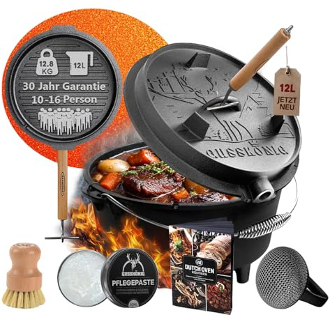 GUSSKÖNIG Dutch Oven Set – Eingebrannter Dutch Oven 12L - Feuertopf Gusseisen mit Füße – Schmortopf Doppelfunktion – 2in1 Deckelheber, Schrubber, Pflegepaste, Bürste & Rezeptbuch - 30 Jahre Garantie