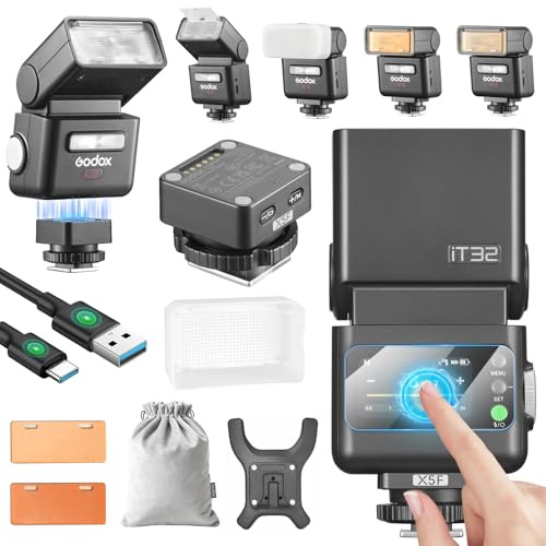 Godox IT32 Kamera Blitzgerät TTL mit X5F Blitzauslöser für Fuji Camera 2,4 GHz GN18 510 Blitze bei Voller Leistung Touchscreen Integrierter Reflektor LED-Licht Magnetischer Farbfilter