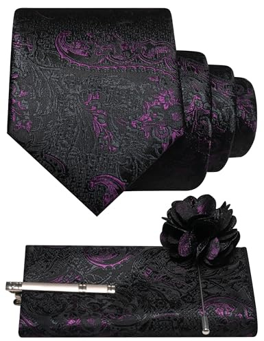 JEMYGINS Schwarz Basierte Krawatte Set Herren Einstecktuch Krawattenklammer Ansteckblume mit Barock Muster für Hochzeit Business Party Mehrfarbig