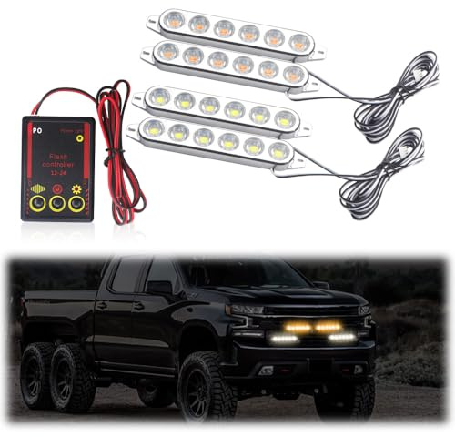 Teguangmei 4 in 1 Lumières Stroboscopiques LED avec Contrôleur Flash 12V 4x6-LED Feu de Freinage Feux D'avertissement pour Voiture ATV UTV Pickup Véhicule Remorque 12 Modes