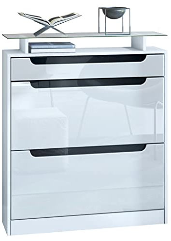 Vladon Schuhschrank Fiesta, Weiß matt/Weiß Hochglanz/Schwarz Hochglanz Schuhkipper für 16 Paar Schuhe mit 2 Klappen (89 x 104 x 23 cm)