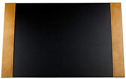 DELMON VARONE - Personalisierbare Schreibtischunterlage mit 2 Seitenleisten Vintage Leder Anilin schwarz/braun, Rutschfeste Schreibunterlage abwaschbar, Schreibtisch Unterlage als Mauspad, 64x42 cm