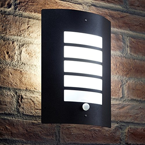 Auraglow Energy Saving Motion Activated PIR Sensor Outdoor Security Wall Light - Black Matte Finish - Cool White | Security lamp with override function and dusk detection, 6500K E27 LED included, IP44, for front door and porch