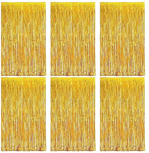 Lametta Vorhang Gold,6 Stück Glitzervorhang,Fotowand Party,Folien Fransen Hintergrund fur Party Deko, Geburtstagsdeko,Hochzeit,Silvester,Festivals Bühnendekor (1m x 2m)