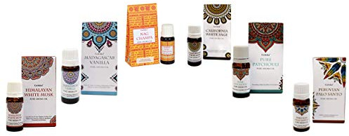 6 Aceites esenciales Goloka (esencias de HIMALAYAN WHITE MUSK, VAINILLA, NAGCHAMPA, WHITE SAGE, PATCHOULI Y PALO SANTO) para Humidificador, Decreto DORAZEN de la buena suerte.