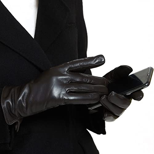 ZLUXURQ Damen Weiche Echte Lammfell Leder Touchscreen Winter Fahrhandschuhe Kaschmir gefüttert