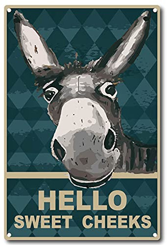 CREATCABIN Hello Sweet Cheeks Sign Vintage Donkey Tin Signs Funny Metal Tin Sign Wall Art Garden House Plaque for Bathroom Kitchen Cafe Wall Halloween Christmas Decor, 8 x 12 Inch
