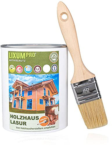 LIXUM 100% Biologische Holzhaus & Blockhaus Lasur - Wetterschutz für Holzhäuser, Farbe:Dunkelbraun 0.60, Inhalt:15 Liter (ca.375m²), inkl. Zubehör:Pinsel