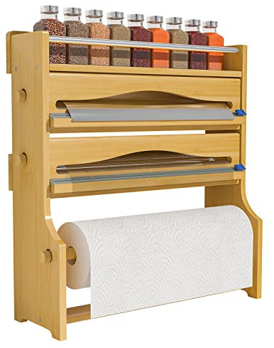 Zri Bamboo Wall Mounted Bamboo Kitchen Paper Towel Holder with Spice Rack and 2-in-1 Roll Dispenser with Cutter, Natural Wood, 30.5 cm, 15 Inches, 3.85 Pounds