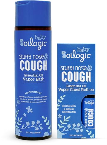 Oilogic Essentiels de bain pour bébé – Ensemble nez bouché et toux – Bain à vapeur et mélange d'huiles essentielles roll-on pour bébés et tout-petits