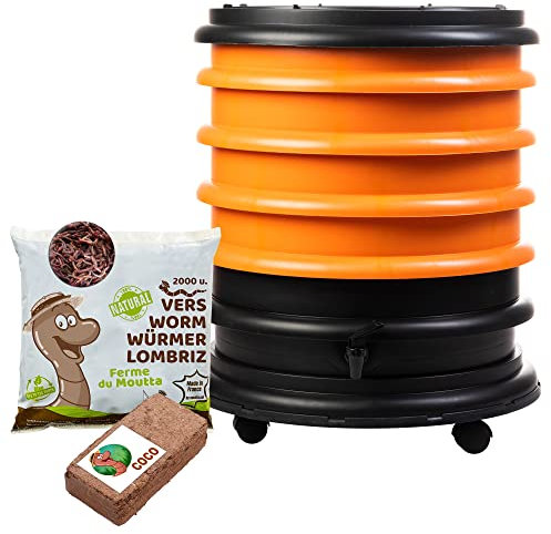WORMbox | Wormery Worm Farm composter 4 Orange Trays + 1kg of Compost Worms / 2000 ctn + 1 Coco | 64 liters | Organic Waste Compost, make your Worm Castings