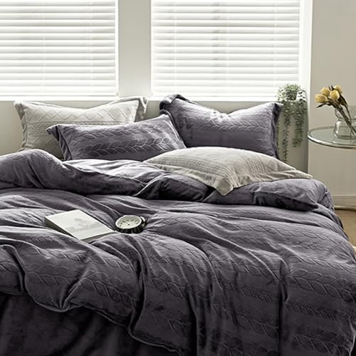Sedefen Winter Plüsch Bettwäsche 135x200cm Flanell Flauschige Grau Wendebettwäsche Samt Biber Cashmere Touch Winterbettwäsche Warme Jacquard Bettbezug mit Reißverschluss und 1 Kissenbezug 80x80cm