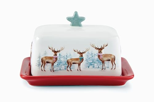 Cooksmart British Designed Christmas Ceramic Butter Dish with Lid | Large Butter Dish for All Types of Kitchens | Animal Print Stag