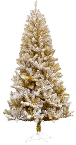 Pinetto Floccato ORO 120 cm Albero di Natale DELUXE GOLD SNOW, in PP+PVC 2 tipologie di rami, Alberello Artificiale con Base in Metallo Rami Floccate Bianco e Dorato INNEVATO (120 cm - 220 punte)