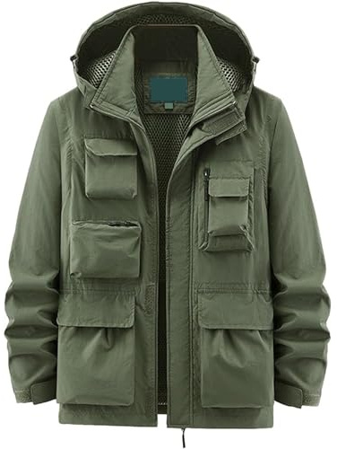 ZDJSWJ Vattentät vinterjacka för män lätt cargojacka flera fickor softshell vindtät ytterhuva kappa, Militärgrön, M