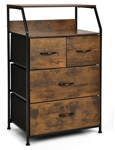 Multigot Chest of Drawers, Fabric 2/3/4-Drawer Storage Cabinet with Steel Frame, Wooden Industrial Dresser Organiser Unit for Bedroom Living Room Hallway (4 drawers+2 shelves-60 x 39 x 96cm, Brown)