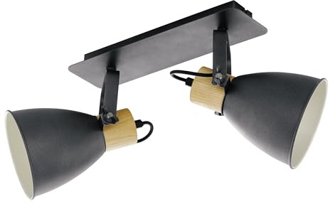 EGLO Deckenlampe Coswarth, 2 flammige Vintage Deckenleuchte | Deckenstrahler Industrial aus Stahl und Holz, Anthrazit, Creme-Weiß, Natur, Spots mit E27 Fassung, FSC zertifiziert