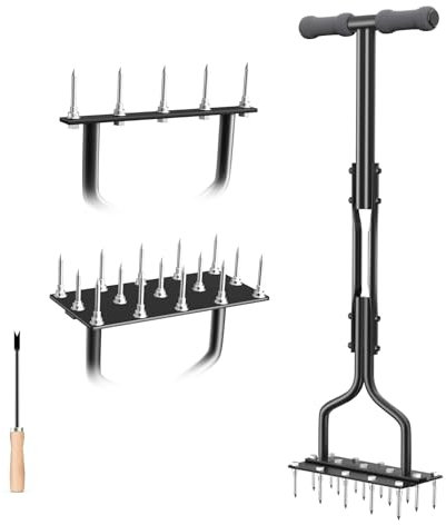 JONONMAS - Aireador manual de césped, herramienta aireadora de césped 2 en 1 con 15 picos de hierro, herramienta de limpieza de metal para airear césped, cuidado del patio, aflojar el suelo