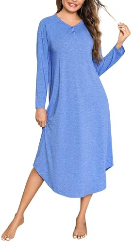 Bresdk Long Sleeve Nightdresses for Women Long Nightgown Soft V Neck Button Ladies Nighties Night Dress Casual Baggy Nightwear Nightshirt S-3XL