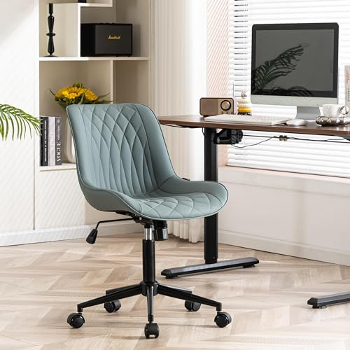 YOUNIKE Bürostuhl Schreibtischstuhl Ergonomisch PU-Leder bis 136 kg Belastbar, Drehstuhl Höhenverstellbar Computerstuhl Ohne Armlehnen, Bürostuhl mit Rückenlehne und Rollen, Graugrün