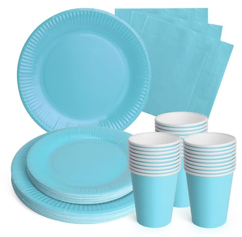 PARTY GO Partygeschirr Partyzubehör Blau Set Dekoration Geburtstag Kinderparty Geschirr Enthält 24 9 Pappteller 24 7 Pappteller 24 Pappbecher 24 Servietten für 24 Gäste Mädchen Jungen Themenparty