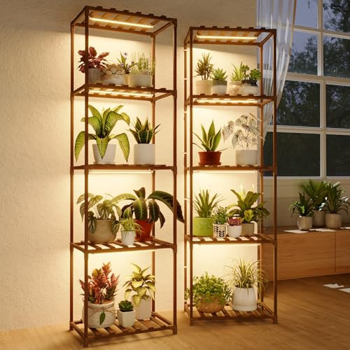 Bamworld Växtstativ med växtlampor, set med 2 höga växthyllor för flera krukor, stor växthållare för vardagsrum, uteplats, boho, heminredning för trädgårdsarbete, varmt ljus, 2 st