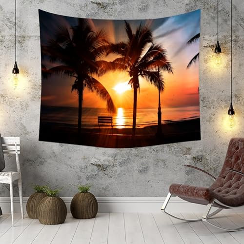KnSam Wandteppiche Orange Grau, Landschaft Natur Wandteppich Sonnenuntergang Kokosnussbaum Landschaft Tapisserie Wandbehang Polyester Tuch Geeignet für Wanddekorationskunst, 240x220cm