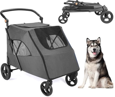 AESRAOU Großer Hunde-Reisewagen mit 4 robusten Rädern, Haustier-Kinderwagen mit verstellbarem Griff, großer Kapazität, Jogger-Wagen mit Hintertür vorne für kleine, mittelgroße und große Hunde im