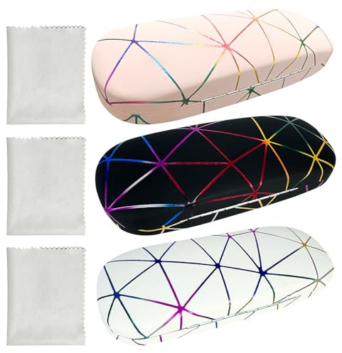 Xpieoyrm 3 Stück Brillenetui Hardcase, Hardcase Brillenetui, Kratzfeste Brillenbox Leder Hartschalenetui mit Putztuch,Brillenbox Tragbare Harte für die meisten Brillen und Sonnenbrillen