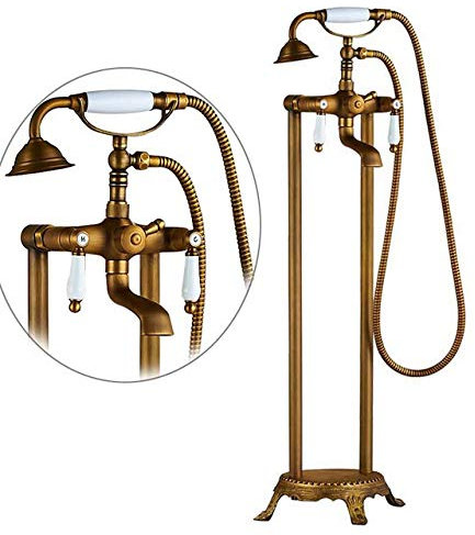 Antik Messing Bodenmontage Wanne Waschbecken Wasserhahn Badezimmer Bad Dusche Set Freistehende Badewanne Mischbatterie mit Doppelgriff und Handbrause