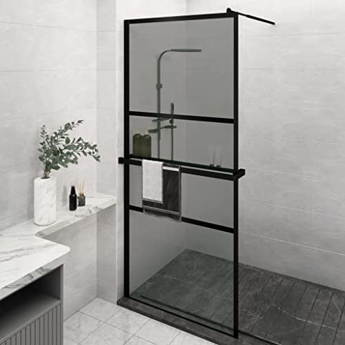 Furniture Select-Paroi de douche avec étagère en verre ESG et aluminium Noir 90 x 195 cm