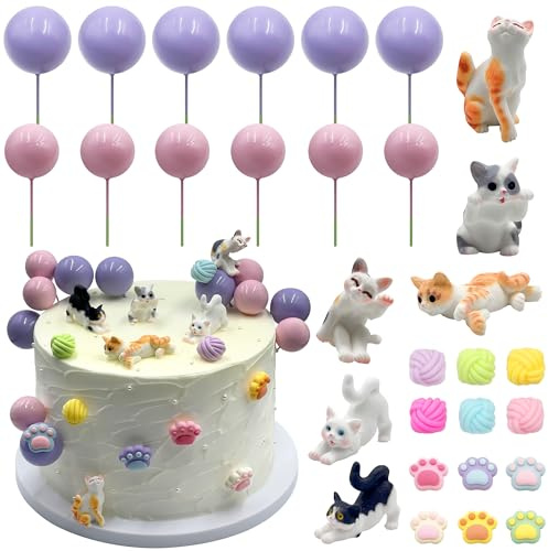 Firleayo Cat Cake Topper Cat Paw Cake Toppers Cat Cake Decorations Cats Themed Cupcake Decor Mini Cats Figurines Wool Ball Cake Toppers for Birthday Baby Shower Party
