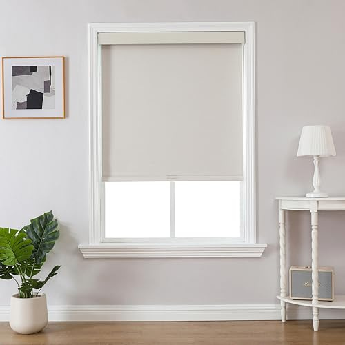 Joydeco 100% Blackout Roller Shades (Pro), 30 W x 75 H, Beige | Free-Stop Cordless Blinds for Windows, UV Protection, Natural Woven Blinds for Home and Office, Light-Proof Aluminum Cover