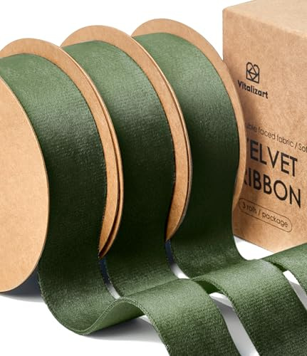 Vitalizart Doppelseitiges Dunkelgrünes Samtband Set 2,5 cm x 13,7 m | Stoffband 3 Rollen x 4,57 m für Geschenkverpackungen, Weihnachtsschmuck, Kranzdekoration, Bögen Machen, Kunsthandwerk
