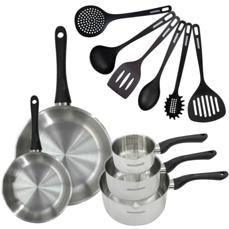 Fackelmann Batterie 2 poêles 20/28 cm, casseroles et ustensiles | Cuisson complète, 11 pièces pour toute la cuisine, Inox 18/8, Tous feux induction, 2 poêles 20 et 28 cm, 3 casseroles