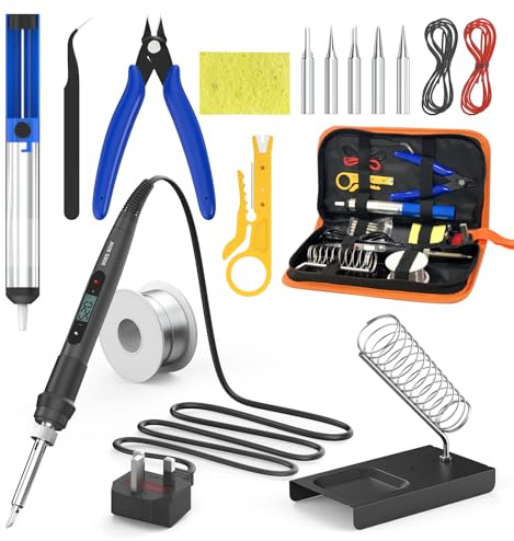 80W 15-in-1 Soldering Iron Kit, LCD Adjustable Temperature 180-520°C, Electric Soldering Iron Kit Welding Tool with 5 Soldering Tips, Desoldering Pump, Tin Wire Tube, Stand, Tweezers