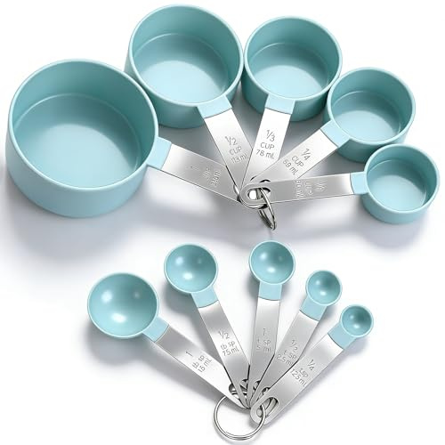 DDUP 8 Pcs Measuring Cups and Spoons Set,Stackable Stainless Steel Handle Accurate Tablespoon for Measuring Dry and Liquid Ingredients,Small Teaspoon with Plastic Head for Cooking Kitchen (Green)