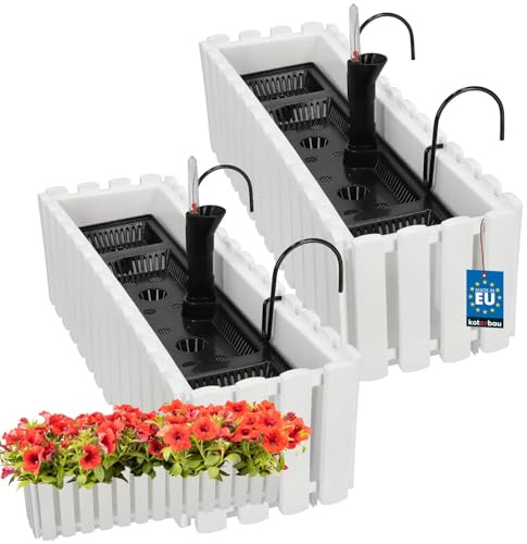 KOTARBAU® Blumenkasten Balkon 58x18x16cm, Balkonkasten mit Wasserspeicher | Blumenkasten für Balkongeländer, Balkonkasten mit Halterung, Pflanzkübel rechteckig, Selbstbewässernd, PVC, Weiß, 2er Set