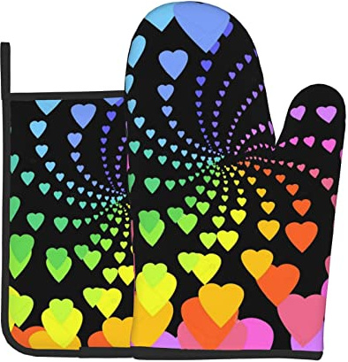 2 pezzi Presine E Guanti Da Forno Rainbow Hearts Spiral Guanti Da Cucina Divertenti Guanti Da Barbecue Per Cucinare, Grigliare, Cottura Al Forno
