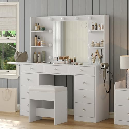 FUSOU Schminktisch Spiegel und LED Beleuchtung, Kosmetiktisch mit 9 Schubladen, 4 offenen Ablagen, Frisiertisch mit Steckdosen, Schminktisch für das Schlafzimmer, Weiß