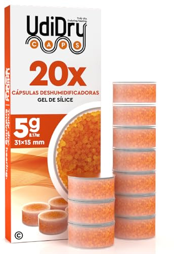 20 Capsule Essiccanti per Apparecchi Acustici UdiDry Caps 5g 31mm Contro l'Umidità con Indicatore di Colore - Capsule Deumidificanti con Gel di Silice Assorbi Umidità di Alta Qualità per Asciugatura