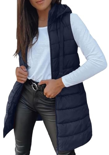 Lazzboy Steppweste Damen Lang Ärmellose Weste Mit Kapuze Steppmantel Warmer Wintermantel Reissverschluss Longweste Taschen Daunenweste Übergangsjacke Für Herbst Und Winter (Dunkelblau,S)