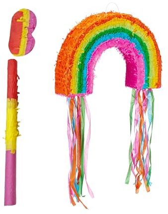 Relaxdays Pinata Regenbogen, mit Stab & Maske, Partypinata Kinder, Geburtstag, zum Befüllen, HxBxT: 35 x 53 x 9 cm, bunt