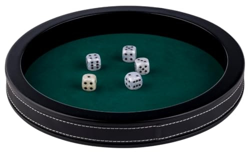 Engelhart-300800 – Poker Tisch Einsatz Rund 28 cm – Schwarzes Kunstleder – Grünes Filz Inlay – Hohe Ränder – 5 Würfel Inklusive – Würfelspiel Zubehör