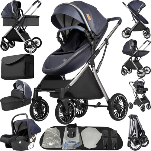 MoLi 4 in 1 Pushchair Pram Baby Stroller, Travel System 4 in 1 with Reversible Two Pushing Modes, Newborn Infant Buggy with One-Click Folding, Toddler Carriage Aluminium Frame (688 Blue)