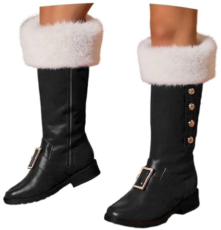 Christmas Santa Claus Boots Womens Wide Calf Santa Combat Boots with White Plush Cuffs Foot Bells Buckle Strap for Halloween Christmas Costume