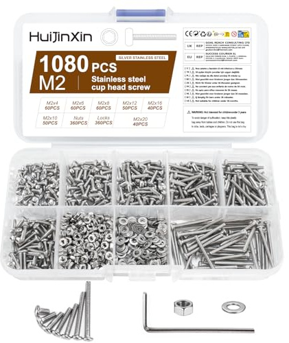 1140 Stück M2 Schrauben Set, Senkkopfschrauben mit Innensechskantschrauben Sets, Edelstahl Schrauben Set, Flachkopfschrauben Muttern Sets, Gewindeschrauben Unterlegscheiben Sortiment (M2, Flachkopf)