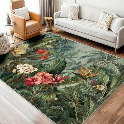 Générique Tapis Carré Tropical Chambre 100x100 cm Motif Jungle Fleur Palmier Monstera Bananier Feuilles, Tapis Cuisine Lavable Antidérapant Doux Poil Ras, Deco Chambre Moquette